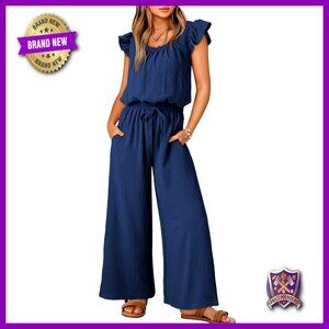 Summer Jumpsuit with Ruffle Sleeves Square Neck Drawstring Waist Pockets